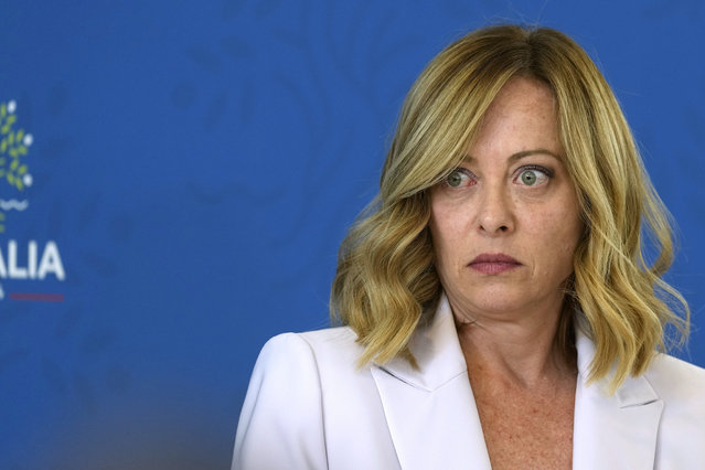 Italian Prime Minister Giorgia Meloni prepares to address a final media conference at the G7 in Borgo Egnazia, near Bari in southern Italy, Saturday, June 15, 2024. (Photo by Domenico Stinellis/AP Photo)