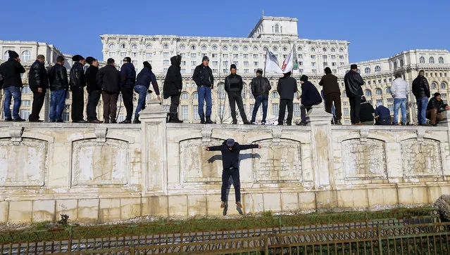 A Romanian shepherd (C) jumps off while his colleagues wave flags and shout slogans after climbing the protective fence surrounding parliament's yard, in front of Romania's Parliament Palace (background), during a protest in Bucharest, Romania, 15 December 2015. Up to one thousand of farmers from all over the country, organized by their trade union confederation, gathered to protest against the government's shepherd regulating policies, demanding greater state-subsidies for the traditional rural farming system. (Photo by Robert Ghement/EPA)