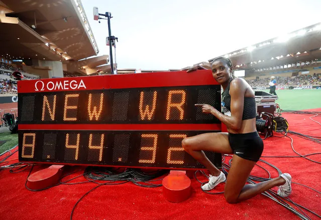 Kenya' s Beatrice Chepkoech celebrates after her new world record in the women' s 3000 metre steeplechase at the IAAF Diamond League athletics “Herculis” meeting at The Stade Louis II Stadium in Monaco on July 20, 2018. Kenyan Beatrice Chepkoech ran 8min 44.32 sec to set a new 3000 m steeplechase world record at the Diamond League meet in Monaco. (Photo by Eric Gaillard/Reuters)