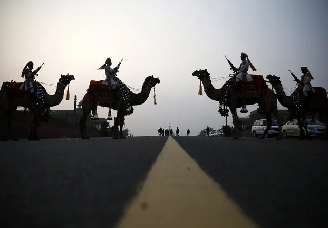 India's Border Security Force (BSF) soldiers ride their camels as they rehearse for the “Beating Retreat” ceremony in New Delhi January 27, 2015. The ceremony symbolises retreat after a day on the battlefield, and marks the official end of the Indian Republic Day celebrations. It is held every year on January 29. (Photo by Ahmad Masood/Reuters)