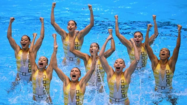 Mexico's team compete in the final of the women's team technical artistic swimming event during the World Aquatics Championships in Fukuoka on July 18, 2023. (Photo by Yuichi Yamazaki/AFP Photo)