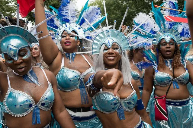 The grand finale (Monday Parade) of the Notting Hill Carnival, during which performers present their costumes and dance to the rhythms of the mobile sound systems or steel bands along the streets of West London, UK on August 27, 2018. (Photo by Wiktor Szymanowicz/Barcroft Media via Getty Images)