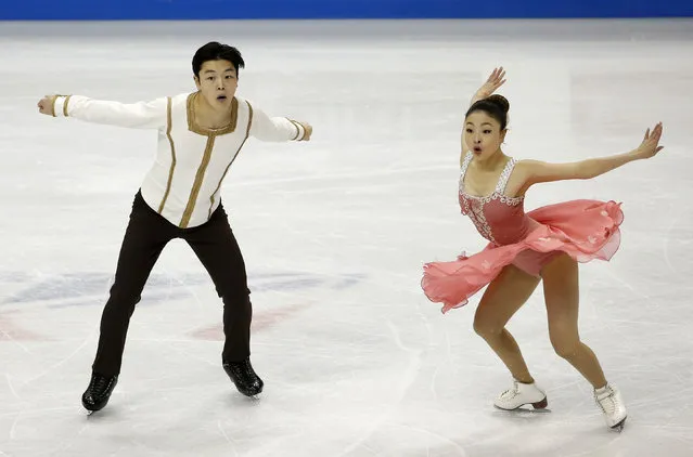 Pairs skaters Maia Shibutani, right, and Alex Shibutani perform in the short dance program of the U.S. Figure Skating Championships in St. Paul, Minn., Friday, January 22, 2016. They placed second in the event. (Photo by Ann Heisenfelt/AP Photo)