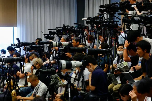 People of the media wait ahead of a press conference of Japan's talent agency Johnny & Associates chief Julie K. Fujishima in Tokyo, Japan on September 7, 2023. (Photo by Kim Kyung-Hoon/Reuters)