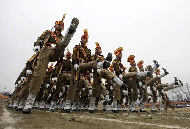 India's Border Security Force (BSF) soldiers march during India's Republic Day parade in Srinagar January 26, 2016. (Photo by Danish Ismail/Reuters)