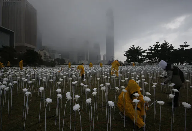 Workers place LED roses at the “Light Rose Garden”, against the backdrop of Central, the business district of Hong Kong, Friday, February 12, 2016. “Light Rose Garden” is an art installation project featuring 25,000 white roses made of LED lights which will light up for the celebration of the Valentine’s Day. (Photo by Kin Cheung/AP Photo)