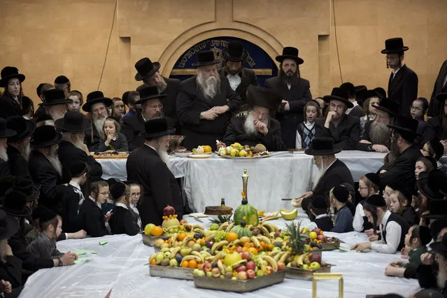 Ultra-Orthodox Jews of the Nadvorna Hasidic dynasty celebrate the Jewish feast of “Tu Bishvat” or “New Year of the Trees” as they sit with their rabbis around a long table filled with all kinds of fruits, in the ultra-Orthodox town of Bnei Brak, Israel, Monday, January 21, 2019. (Photo by Oded Balilty/AP Photo)