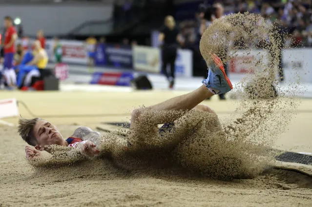 Radek Juska of the Czech Republic makes an attempt in the men's long jump qualifying at the European Athletics Indoor Championships at the Emirates Arena in Glasgow, Scotland, Friday, March 1, 2019. (Photo by Alastair Grant/AP Photo)