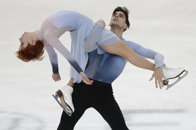 Evgeniia Lopareva and Geoffrey Brissaud of France perform in the free dance during the ISU European Figure Skating Championships in Kaunas, Lithuania, Saturday, January 13, 2024. (Photo by Mindaugas Kulbis/AP Photo)