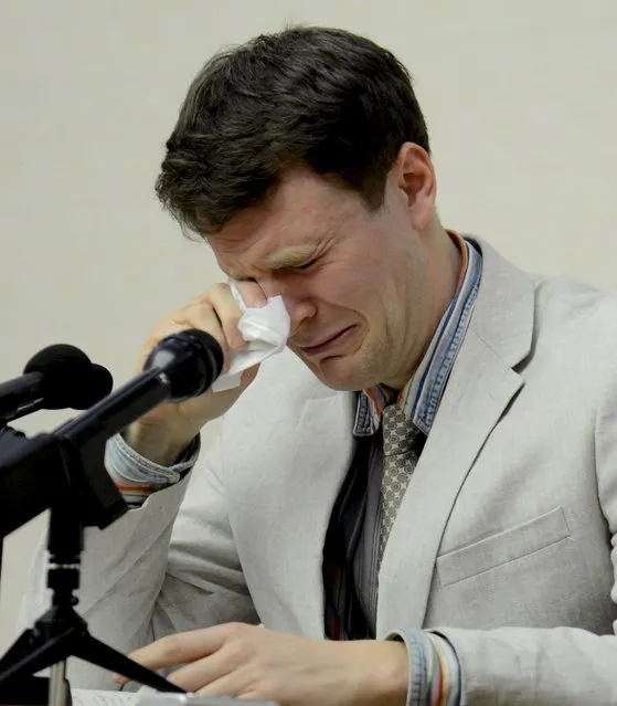U.S. student Otto Warmbier reacts at a news conference in this undated photo released by North Korea's Korean Central News Agency (KCNA) in Pyongyang on February 29, 2016. North Korea's supreme court Warmbier to 15 years of hard labour for crimes against the state, China's Xinhua news agency reported on March 16, 2016. (Photo by Reuters/KCNA)
