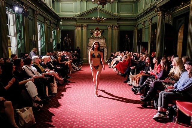A model wears a swim wear design by Lady Victoria Hervey from her Ladyship Swim collection at York Mansion House during York Fashion Week on March 26, 2019 in York, England. The ex-director of Mulberry Scott Henshall also showed a retrospective of his designs during the show. The show forms part of York Fashion Week and was organised by Fashion City York, which is an initiative made up of local business owners, working to engage with and nurture the fashion community in York. (Photo by Ian Forsyth/Getty Images)