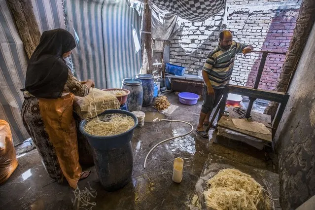 Abdel Mobdi Moussalam, 48 (R) and an assistant prepare soaked papyrus strips before compression and drying at the workshop in the village of al-Qaramous in Sharqiyah province, in Egypt's northern fertile Nile Delta region, northeast of the capital, on July 28, 2021. (Photo by Khaled Desouki/AFP Photo)