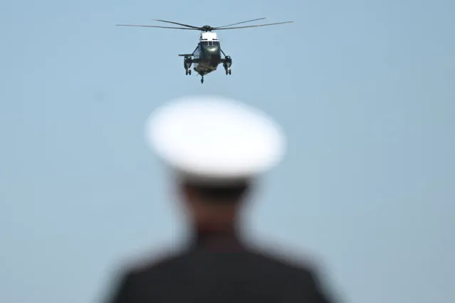 Marine One approaches to land on from the South Lawn of the White House in Washington, DC, on April 23, 2024, as US President Joe Biden travels to Joint Base Andrews. Biden is travelling to Florida to attend campaign events, and is expected to deliver a speech on abortion. (Photo by Andrew Caballero-Reynolds/AFP Photo)