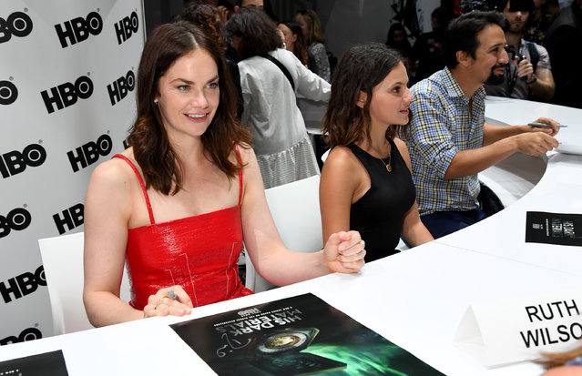 Ruth Wilson, Dafne Keen and Lin-Manuel Miranda at “His Dark Materials” Comic Con Autograph Signing 2019 at the 50th San Diego Comic Con International Convention at the San Diego Convention Center July 18, 2019 in San Diego, California. (Photo by Jeff Kravitz/FilmMagic for HBO)