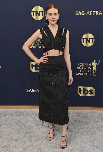 American actress Madeline Brewer arrives at the 28th annual Screen Actors Guild Awards at the Barker Hangar on Sunday, February 27, 2022, in Santa Monica, Calif. (Photo by Jordan Strauss/Invision/AP Photo)