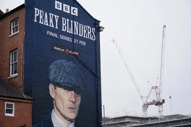 A mural by artist Akse P19, of actor Cillian Murphy, as Peaky Blinders crime boss Tommy Shelby, in the historic Deritend area of Birmingham on Tuesday, February 15, 2022, ahead of the sixth and final series of the hit BBC One crime series. (Photo by Jacob King/PA Images via Getty Images)
