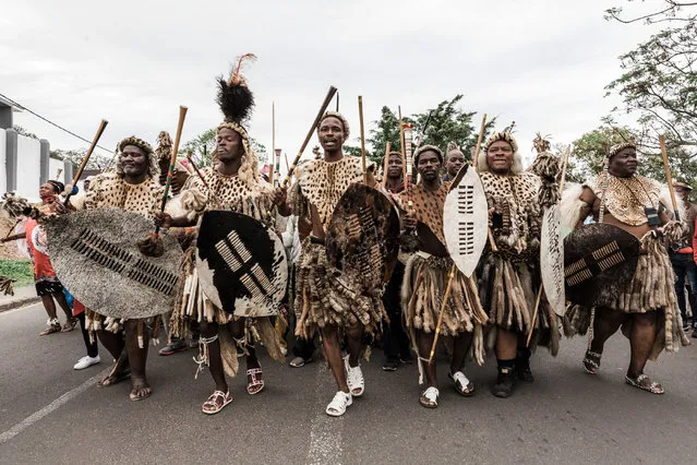 Thousands attired in Zulu traditional regalia gathered to commemorate King Shaka's Day Celebration near the grave of the great Zulu King Shaka at Kwadukuza, some 98 kilometres north of Durban, South Africa on September 24, 2019. The celebration was also to commemorate national Heritage day. (Photo by Rajesh Jantilal/AFP Photo)