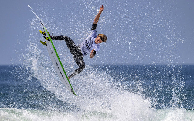 Marco Mignot, of France, gets some air during the round of 64 at the US Open of Surfing in Huntington Beach, Calif., Thursday, August 8, 2024. (Photo by Mark Rightmire/The Orange County Register via AP Photo)