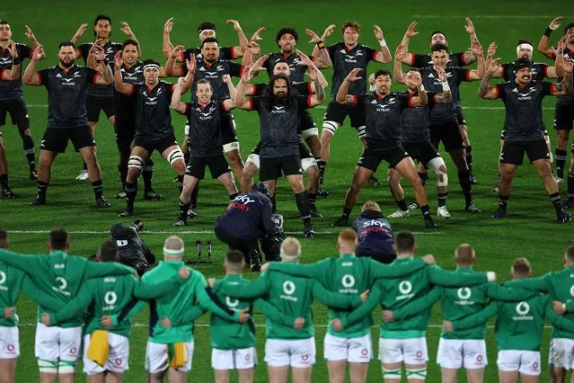 New Zealand Maori perform a Haka as Ireland players look on during the second rugby match between New Zealand's Maori All Blacks and Ireland at Sky Stadium in Wellington on July 12, 2022. (Photo by Marty Melville/AFP Photo)