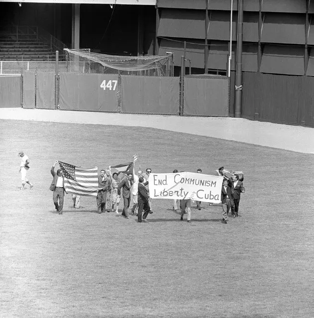 A group of Cuban demonstrators consisting of twelve men, two boys and a woman, were arrested by police at Connie Mack Stadium in Philadelphia on August 25, 1963 after running onto the playing field in the 4th inning of a game between the Phillies and Pittsburgh Pirates. Tony Gonzales, left, walks away from the group who surrounded him in center field as they carried an America flag, Cuban flag and white banner with, “End Communism, Liberty for Cuba” on it. (Photo by John F. Urwiller/AP Photo)