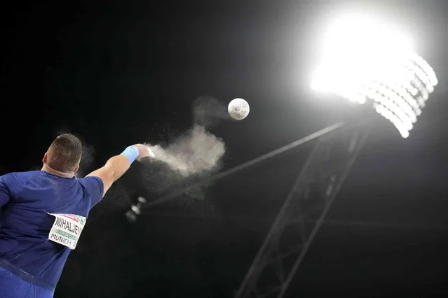 Filip Mihaljevic, of Croatia , makes an attempt in the Men's shot put final during the athletics competition in the Olympic Stadium at the European Championships in Munich, Germany, Monday, August 15, 2022. (Photo by Matthias Schrader/AP Photo)