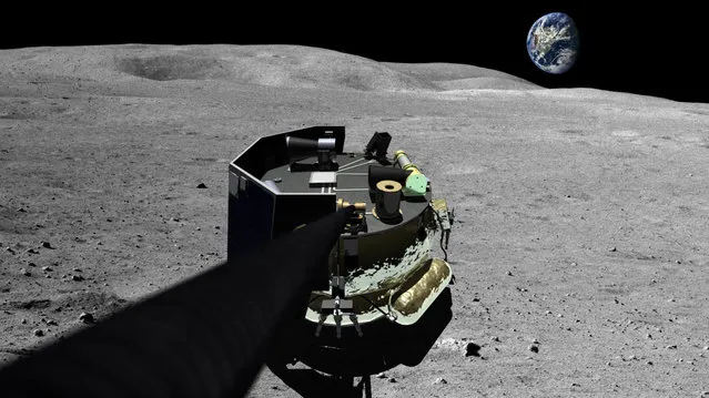 This image provided by Moon Express on Wednesday, August 3, 2015 shows an illustration of the company's landing vehicle on the surface of Earth's moon. On Wednesday, the U.S. government gave permission to the private Florida company to fly a spaceship beyond Earth's orbit and land on the moon. The washing machine-sized vehicle would take hops across the lunar surface. (Photo by Moon Express via AP Photo)