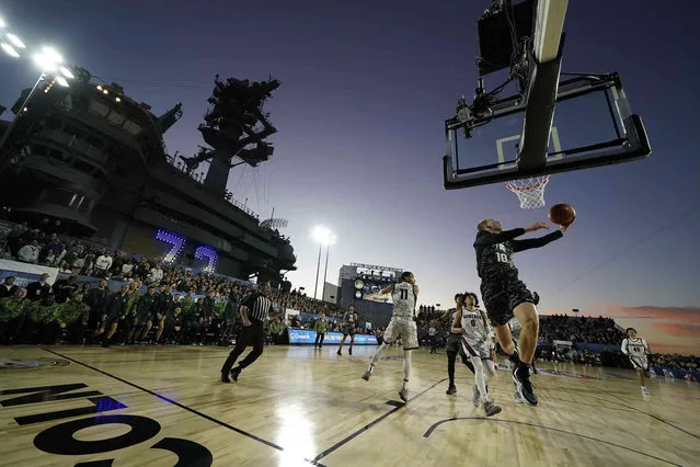 Michigan State forward Joey Hauser (10) shoots during the second half of the Carrier Classic NCAA college basketball game against Gonzaga aboard the USS Abraham Lincoln in Coronado, Calif. Friday, November 11, 2022. (Photo by Ashley Landis/AP Photo)