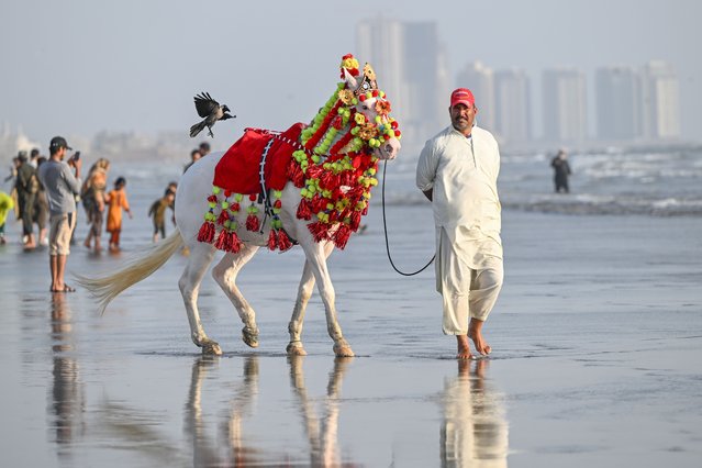City dwellers visit Clifton Beach in Karachi, Pakistan, one of the most popular spots for both local and foreign tourists on March 3, 2025. They enjoyed the beautiful weather by taking rides on colorfully decorated camels and horses. (Photo by Adsiz Gunebakan/Anadolu via Getty Images)