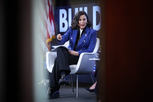 Michigan Gov. Gretchen Whitmer (D-MI) answers questions after speaking on the theme “Build, America, Build!” on April 09, 2025 in Washington, DC. Whitmer stressed the historical importance of domestic manufacturing in the United States and also addressed recent tariff announcements by the Trump administration during her remarks. (Photo by Win McNamee/Getty Images)