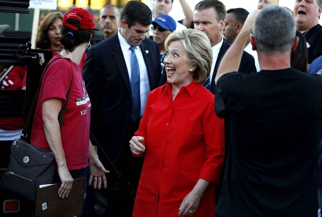 Democratic presidential candidate Hillary Rodham Clinton arrives at a rally Monday, October 12, 2015, in Las Vegas, held by the Culinary Union to support a union drive at the Trump Hotel in Las Vegas. (Photo by John Locher/AP Photo)
