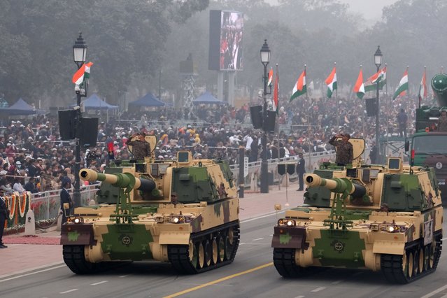 The K-9 Vajras during the Republic Day parade in New Delhi, India, on Thursday, January 26, 2023. The Indian government uses the advance estimate to decide its spending priorities in the upcoming federal budget on Feb. 1, which will also be the last full-year expenditure plan of Modi's government before elections in 2024. (Photo by T. Narayan/Bloomberg)