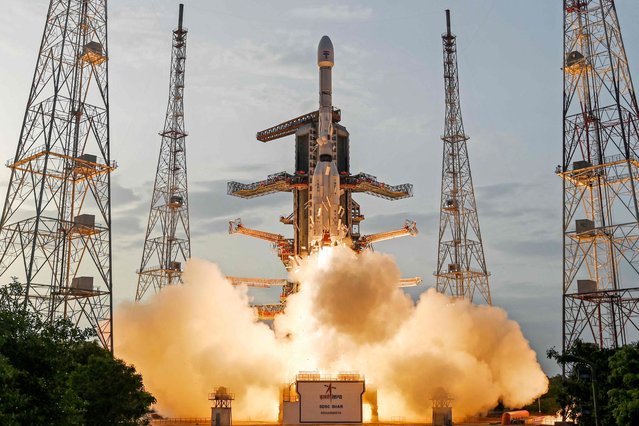 This handout photograph taken and released on July 30, 2025 by the Indian Space Research Organisation (ISRO) shows ISRO's launch vehicle GSLV-F16 carrying the NISAR earth observation satellite lifting off from the launch pad at the Satish Dhawan Space Centre in Sriharikota in India's Andhra Pradesh state. A formidable new radar satellite jointly developed by the United States and India launched on July 30, designed to track subtle changes in Earth's land and ice surfaces and help predict both natural and human-caused hazards. (Photo by Indian Space Research Organisation (ISRO)/AFP Photo)