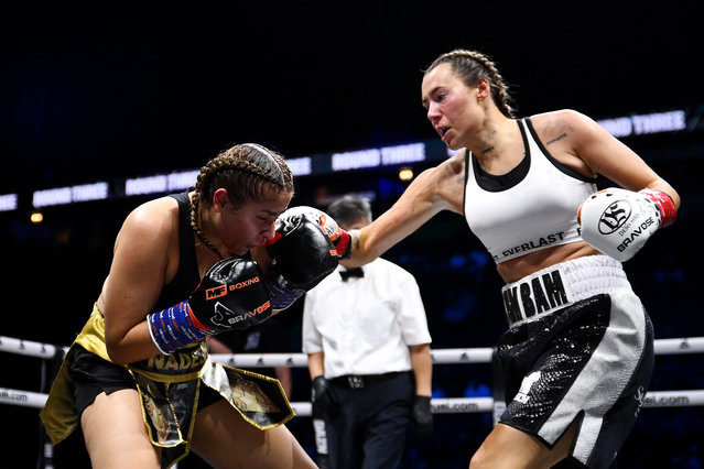 Demi Sims punches Nadeshi Hopkins during the Middleweight fight between Demi Sims and Nadeshi Hopkins during the Misfits 22 - Ring of Thrones fight night at AO Arena on August 30, 2025 in Manchester, England. (Photo by Ben Roberts Photo/Getty Images)