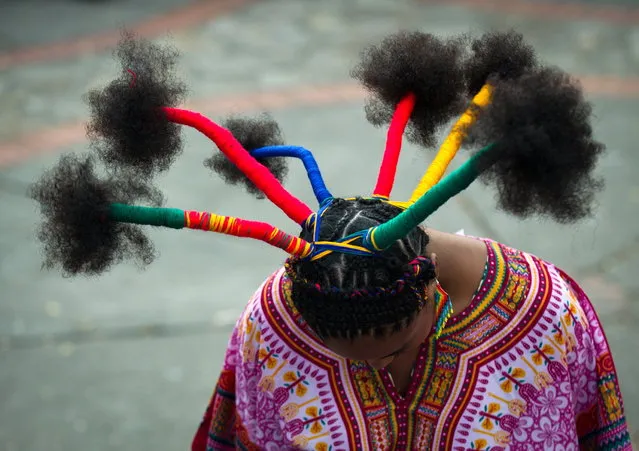 A woman presents an Afro-Colombian hairstyle during the 9th contest of Afro-hairdressers, in Cali, Valle del Cauca departament, Colombia, on May 12, 2013. The Afro hairstyles have their origins in the time of slavery, when women sat to comb their children hair after work. (Photo by Luis Robayo/AFP Photo)