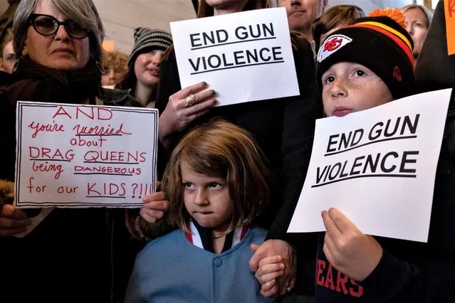Protesters gather inside the Tennessee State Capitol to call for an end to gun violence and support stronger gun laws on March 30, 2023 in Nashville, Tennessee.  A 28-year-old former student of the private Covenant School in Nashville, wielding a handgun and two AR-style weapons, shot and killed three 9-year-old students and three adults before being killed by responding police officers on March 27th.  (Photo by Seth Herald/Getty Images)