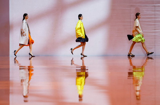 Models present creations from the Prada Spring/Summer 2026 collection during Milan Fashion Week, in Milan, Italy, on September 25, 2025. (Photo by Alessandro Garofalo/Reuters)