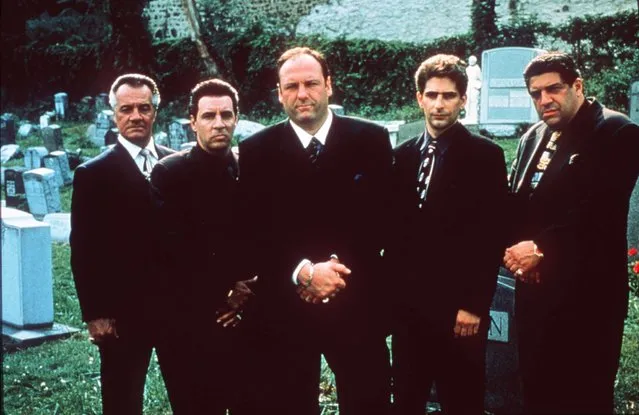 Vincent Pastore, from left, Steve Van Zandt, James Gandolfini, Michael Imperioli and Tony Sirico, shown in this undated file photo, star in the HBO drama series “The Sopranos”" The show received 16 Emmy nominations, including best drama series and best actor for Gandolfini. (Photo by Anthony Neste/AP Photo/HBO)