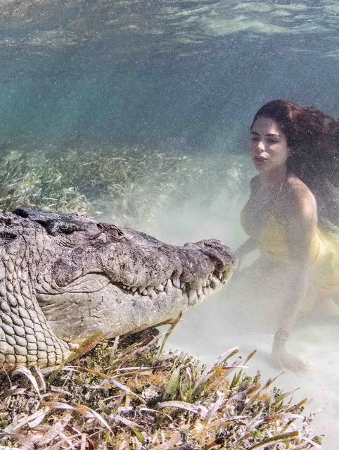 A model poses with a crocodile at Chinchorro Banks, Mexico on June 21, 2018. (Photo by Ken Kiefer/Caters News Agency)