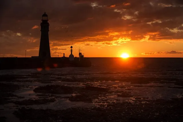 The sun sets behind a lighthouse on Lake Erie, as debris and snow float in the water following a massive snow storm in Buffalo, New York, November 24, 2014. Emergency workers filled thousands of sandbags on Sunday as the area around Buffalo, New York braced for potential flooding as warming temperatures began to melt up to seven feet (2 metres) of snow. (Photo by Mark Blinch/Reuters)