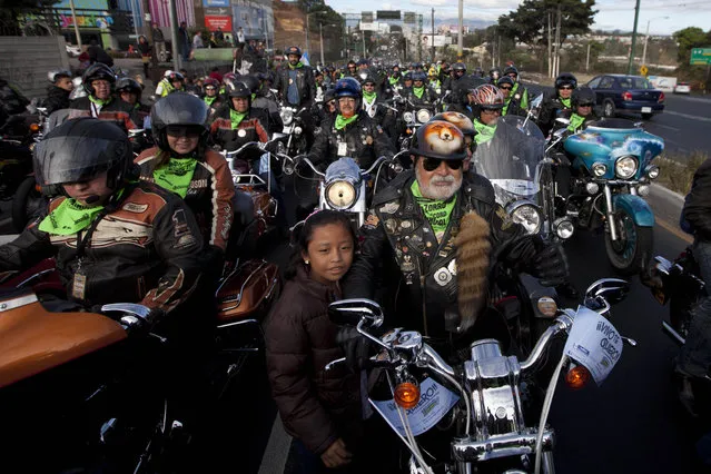 Eddie Villadelon, right, leader and organizer of the annual motorcycle pilgrimage to the church of the Black Christ of Esquipulas, leads the pilgrims as they leave Guatemala City, Saturday, February 7, 2015. (Photo by Moises Castillo/AP Photo)
