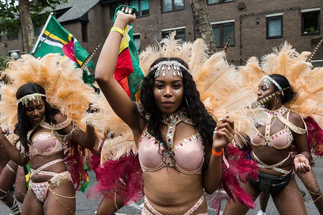 The grand finale of the Notting Hill Carnival, during which performers present their costumes and dance to the rhythms of the mobile sound systems or steel bands along the streets of West London, UK on August 27, 2018. (Photo by Wiktor Szymanowicz/Barcroft Media via Getty Images)
