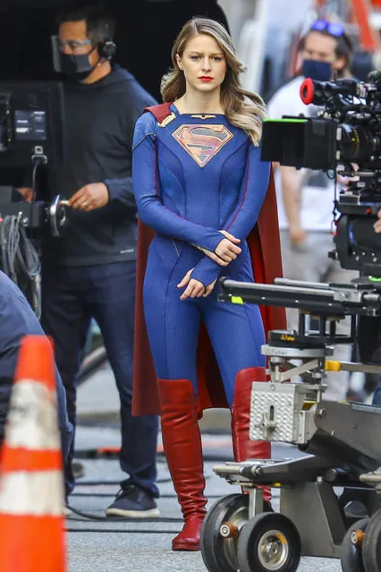 American actress and singer Melissa Benoist is pictured in full costume on the set of “Supergirl” in Vancouver, Canada on April 19, 2021. The 32 year old actress sported her signature superhero ensemble while preparing to film a scene for the popular CW show. (Photo by TheImageDirect)