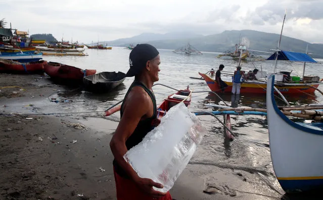 A fisherman carries a block of ice to prepare to travel to disputed Scarborough Shoal to fish, in Subic, Zambales in the Philippines, November 3, 2016. (Photo by Erik De Castro/Reuters)