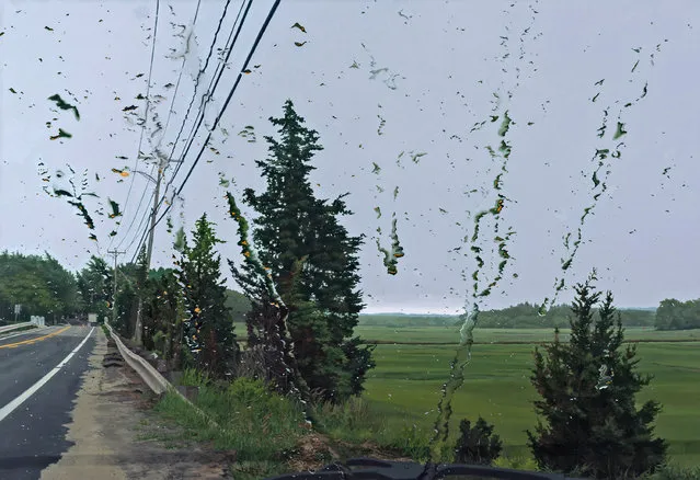 When he's driving, New York-based painter Gregory Thielker takes in the views that change from moment to moment: the road, the sky, other cars. “Inside the car it's easy to forget the outside temperature, humidity, the noise of the road”, he says. “But something happens when rain interrupts the view: the lens through which we are seeing is revealed. Water both obscures and highlights the landscape”. Gregory Thielker's exhibition “Between here and now” will be at Castor Gallery in lower Manhattan from early March. Here: “Revisited”. (Painting by Gregory Thielker)