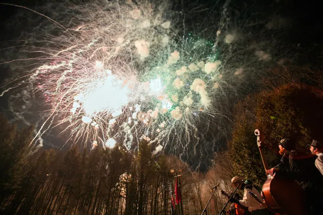 Fireworks are on display during the annual celebration of Groundhog Day on Gobbler's Knob in Punxsutawney, Pa., Tuesday, February 2, 2016. (Photo by Mark Pynes/PennLive.com via AP Photo)