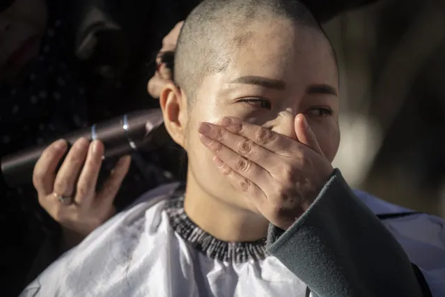 Li Wenzu has her head shaved to protest the detention of her husband and Chinese human rights lawyer Wang Quanzhang, detained during the 709 crackdown, in Beijing on December 17, 2018. Li and a group of women protested the detention of their husbands who have have been held since 2015 when more than 200 lawyers and activists were detained in a swoop, known as the “709” crackdown, on those who had taken on civil rights cases considered sensitive by China's tightly controlled courts. (Photo by Fred Dufour/AFP Photo)