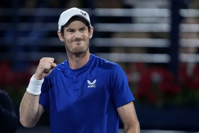 Andy Murray of Great Britain celebrates after beating Denis Shapovalov of Canada during a match of the Dubai Duty Free Tennis Championships in Dubai, United Arab Emirates, Monday, February 26, 2024. (Photo by Kamran Jebreili/AP Photo)