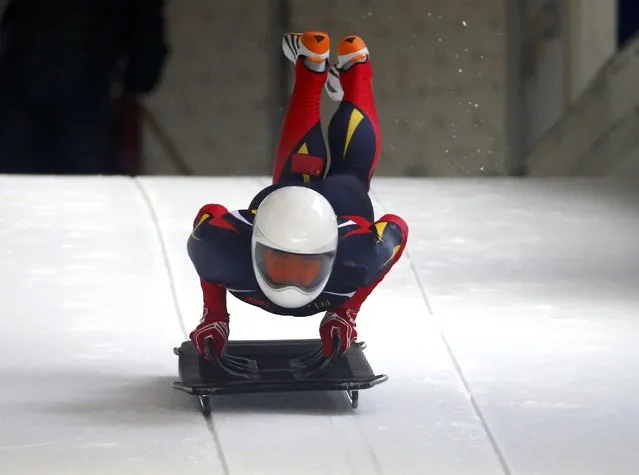 Skeleton, BMW IBSF Bob & Skeleton World Championships, Men training, Koenigssee, Germany on February 22, 2017. Wenglang Geng of China in action. (Photo by Arnd Wiegmann/Reuters)