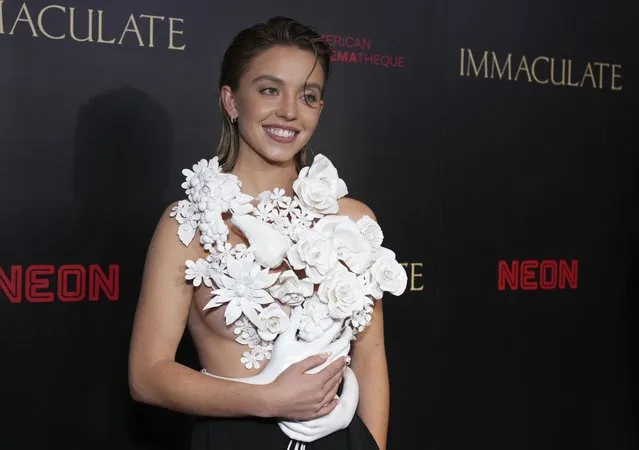 American actress Sydney Sweeney arrives at the premiere of “Immaculate”, Friday, March 15, 2024, in Los Angeles. (Photo by Jordan Strauss/Invision/AP Photo)