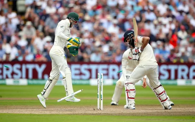 Australia's Nathan Lyon takes the wicket of England's Moeen Ali during day three of the Ashes Test match at Edgbaston, Birmingham on August 3, 2019. (Photo by Nick Potts/PA Images via Getty Images)